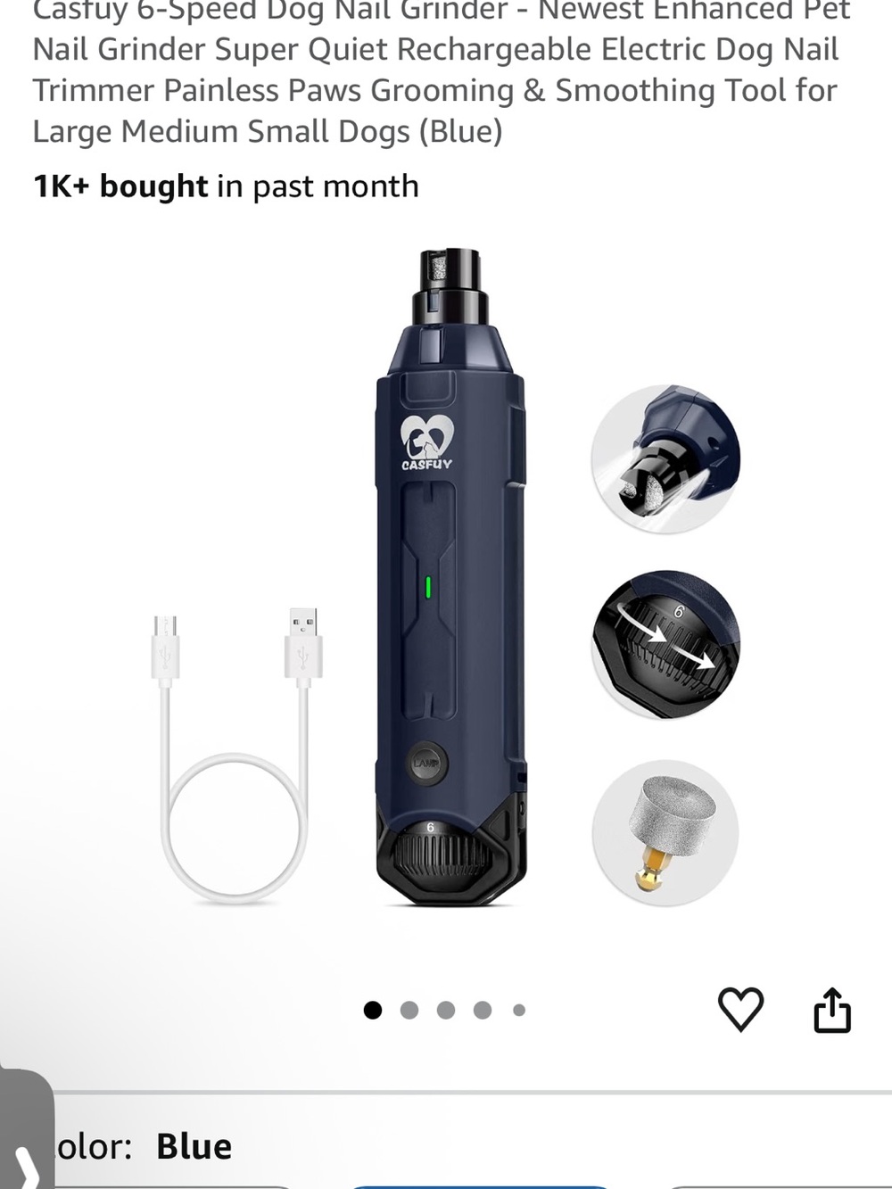 Blue Rechargeable Dog Nail Grinder – Quiet 6-Speed Pet Trimmer